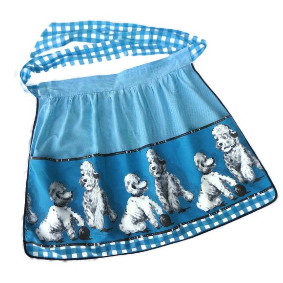 Vintage 50s 60s Apron Half Poodle Dogs Gingham Blue Novelty Pockets - Picture 5 of 7
